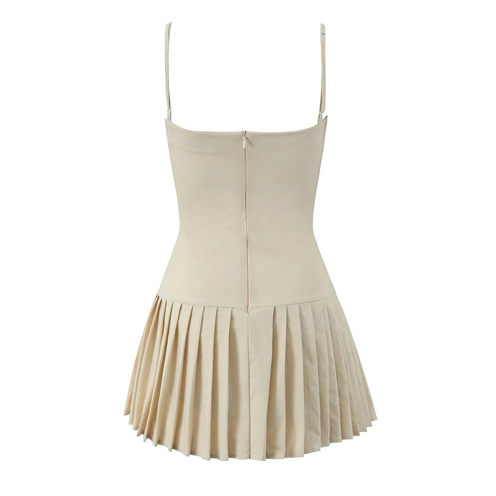 Crimson Ruched Front Button Mini Dress With Slash Collar And Sling Bodice