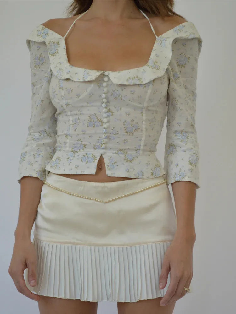 Floral Corset Style Crop Top With Cross Lacing And Ruffle Square Collar Three Quarter Sleeve
