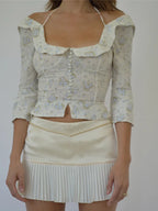 Floral Corset Style Crop Top With Cross Lacing And Ruffle Square Collar Three Quarter Sleeve