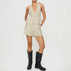 Striped Loungewear Set With Tie Up Halter Top And Elastic Waist Shorts
