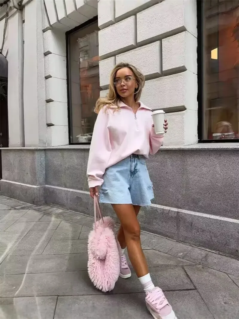 Fashion Women Pink Sweatshirt Vintage  Pullover Loose Half Zip Letter Embroidery Outwear