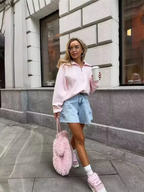 Fashion Women Pink Sweatshirt Vintage  Pullover Loose Half Zip Letter Embroidery Outwear