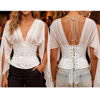Satin Silk Patchwork V-Neck Tops Drawstring Backless Corset Waist Ruffle