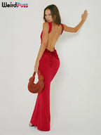 Chic Backless Maxi Dress With Bow Lace Up Details For Evening