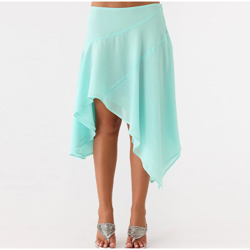 Soft Ruffle High Waist Midi Skirt With Asymmetrical Hem