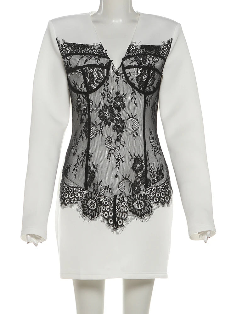 Lace Patchwork Mini Dress With Contrast Details