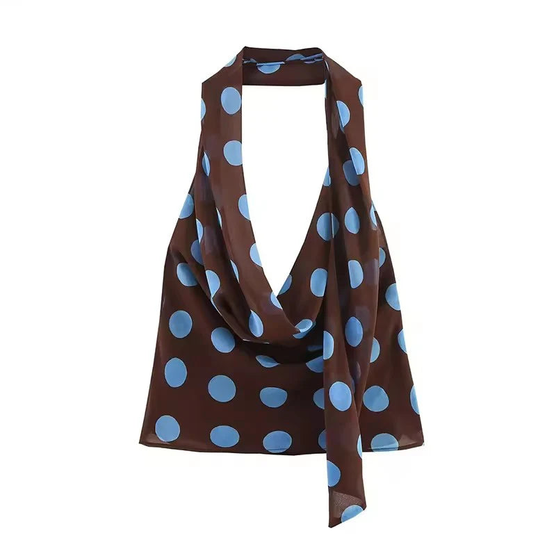 Blue Polka Dot Two Piece Set With Halter Top And Midi Skirt
