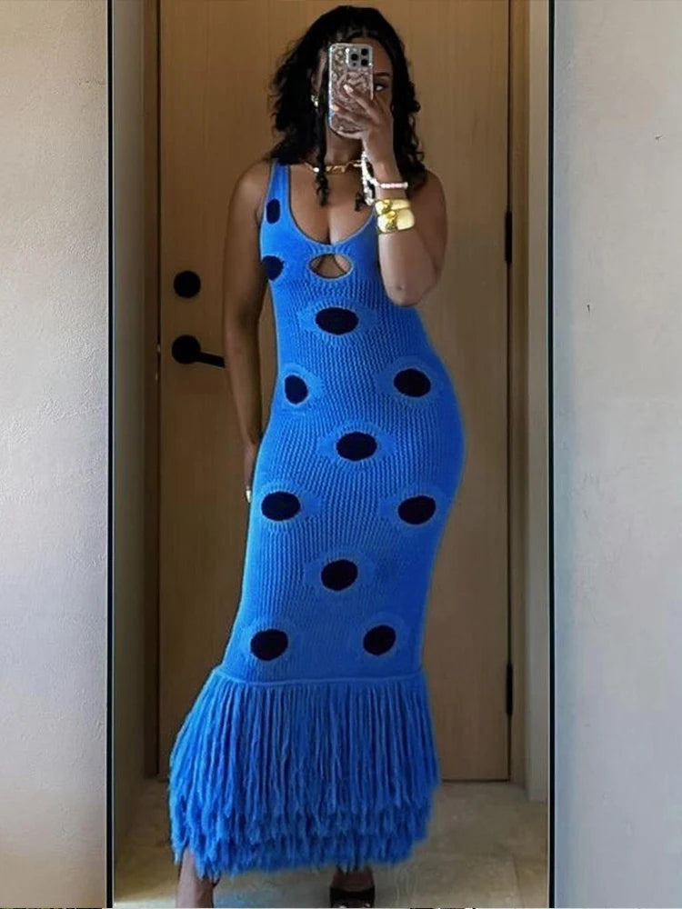 Midnight Sleeveless Knit Maxi Dress With Hollow Dot Tassel Hem