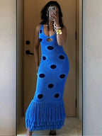 Midnight Sleeveless Knit Maxi Dress With Hollow Dot Tassel Hem