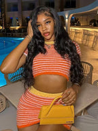 Crochet Stripe Two Piece Set With O Neck Crop Top And Skirt