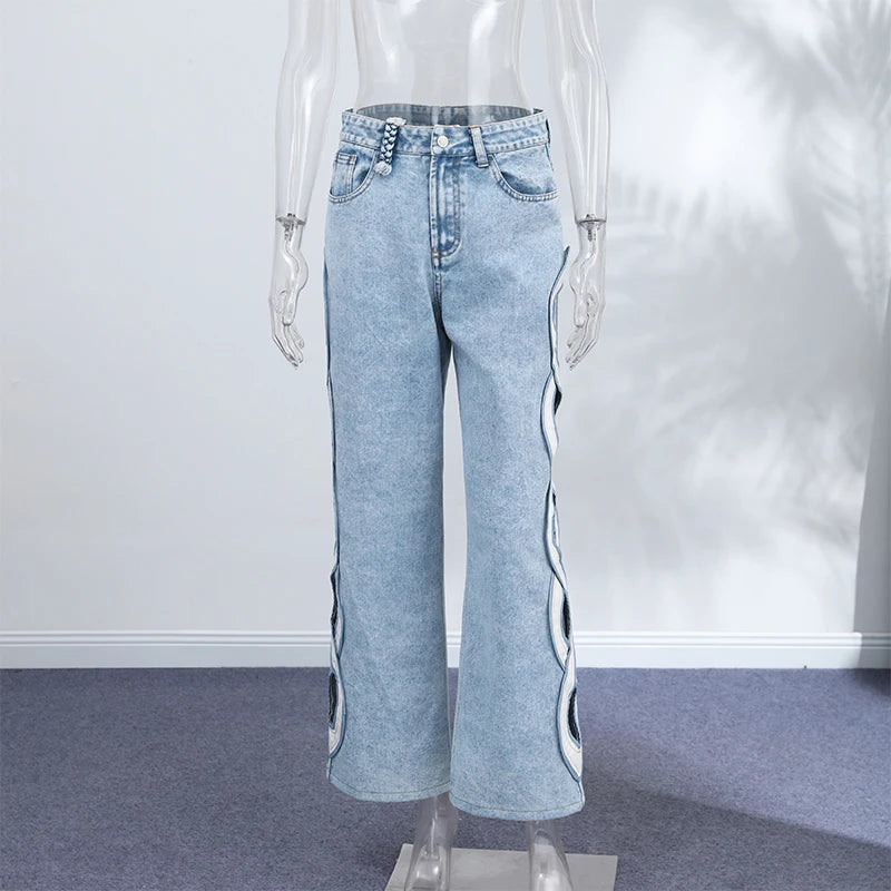 Side Hollow Out High Waist Jeans With Straight Leg Denim