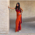Orange Color Blocking Scarf Collar Maxi Dress For Lady Sleek Cinched Waist Bodycon Silhouette