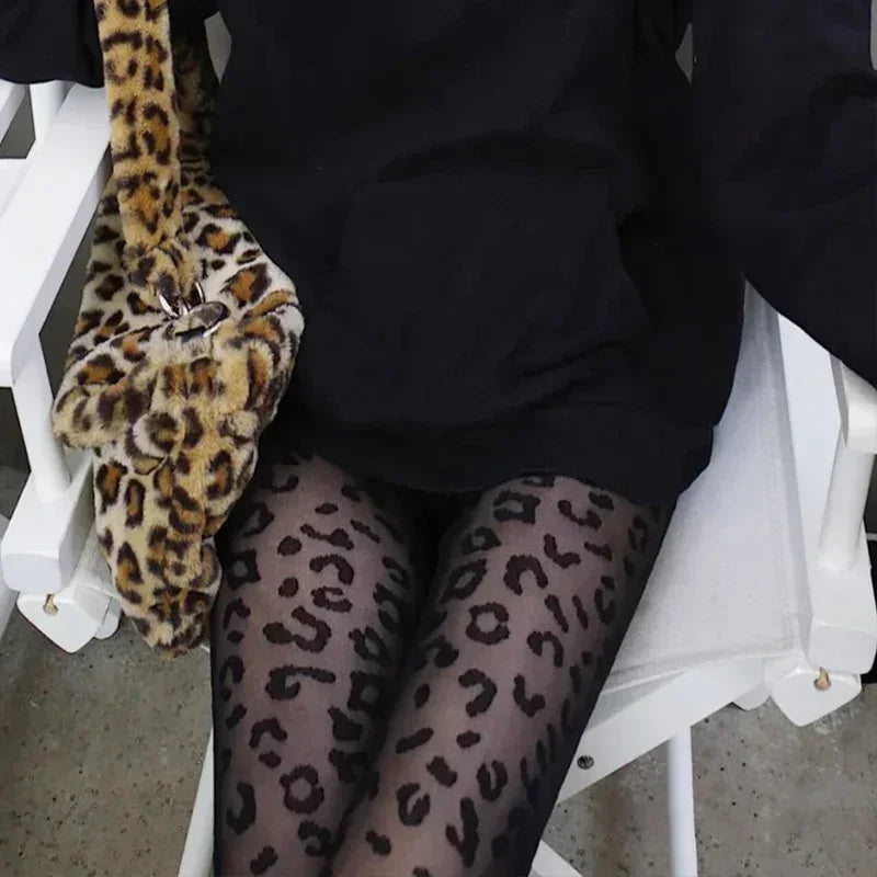 Gothic Leopard Sheer Stockings With Transparent Finish Seamless Pantyhose Edge