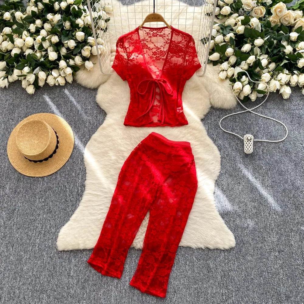 Airy Mesh Tie Up Cardigan Top And Capri Pencil Pants Set