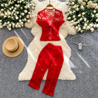 Airy Mesh Tie Up Cardigan Top And Capri Pencil Pants Set