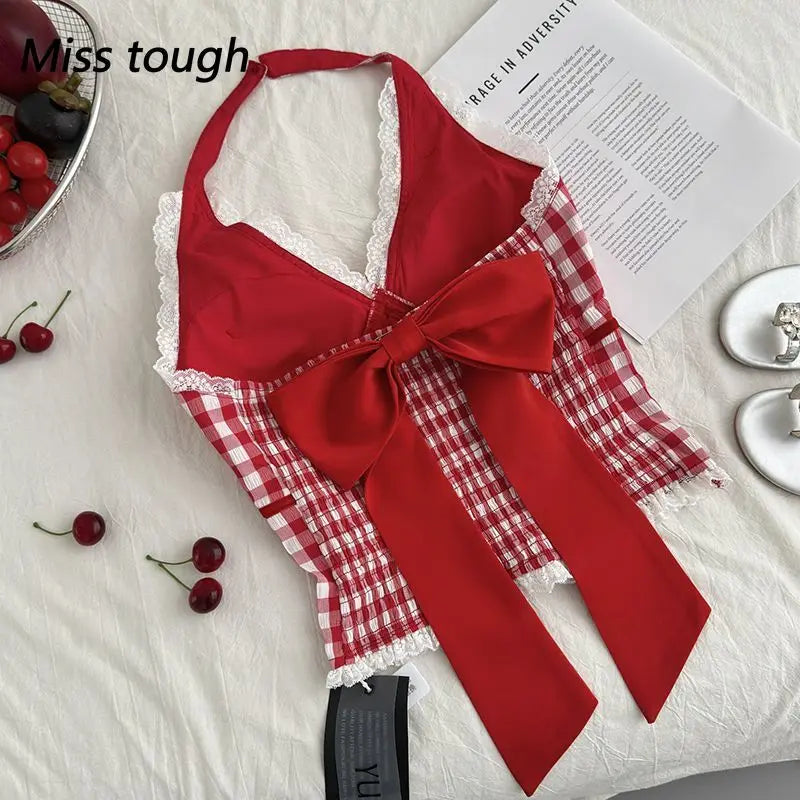 Halter Neck Bow Plaid Crop Top With Shirred Back For Women Cute Fashion Blouse