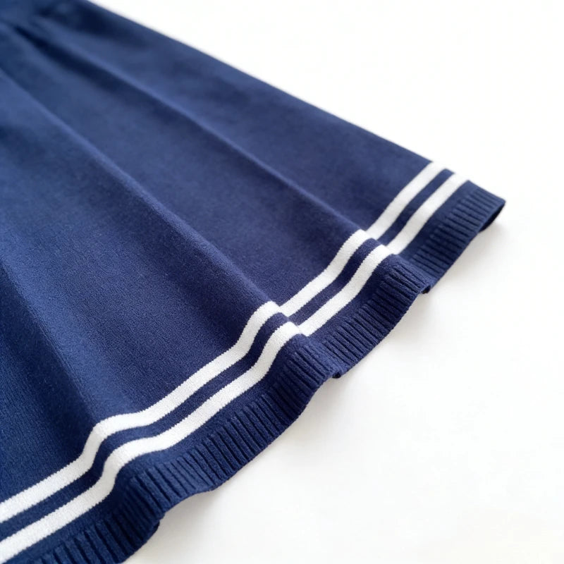 Peter Pan Collar Bow Sundress With Striped Hem Knit A Line Mini
