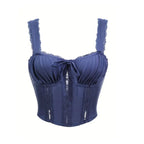 Royal Blue Lace Trim Corset Top With Steel Boning And Bow Shaped Double Shoulder Straps