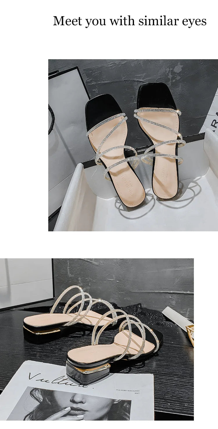 Crystal Rhinestone Clear Strap Sandals With Low Heel