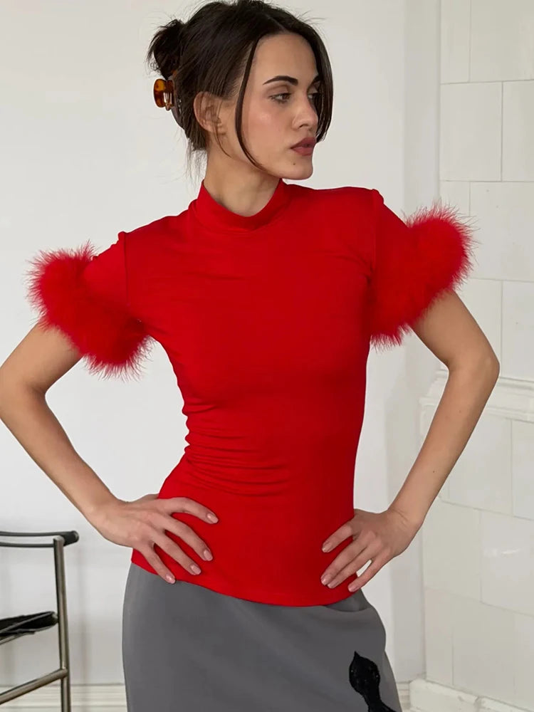 Patchwork Feather Sleeve Turtleneck Top Short Sleeve Tee