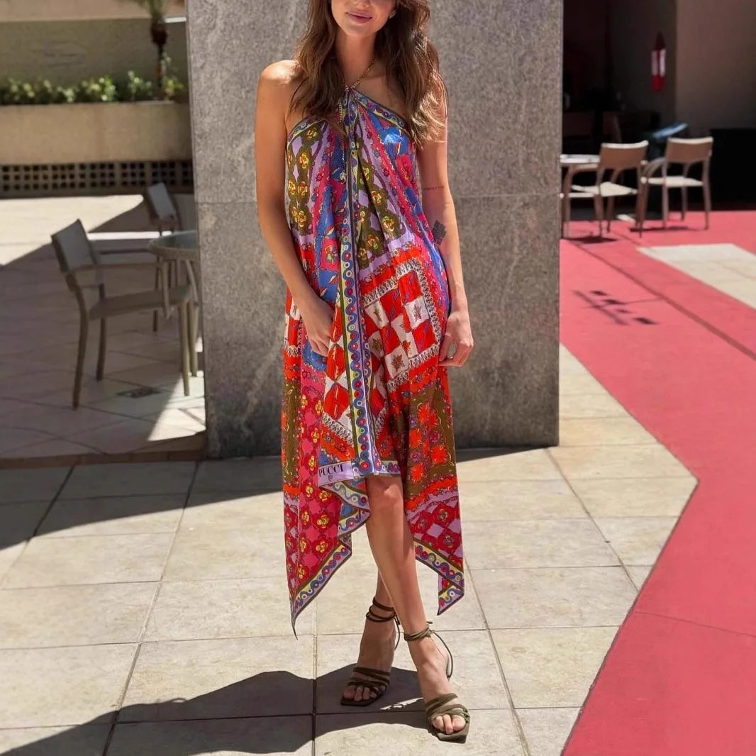 Dreamy Boho Breeze Satin Halter Neck Maxi Dress