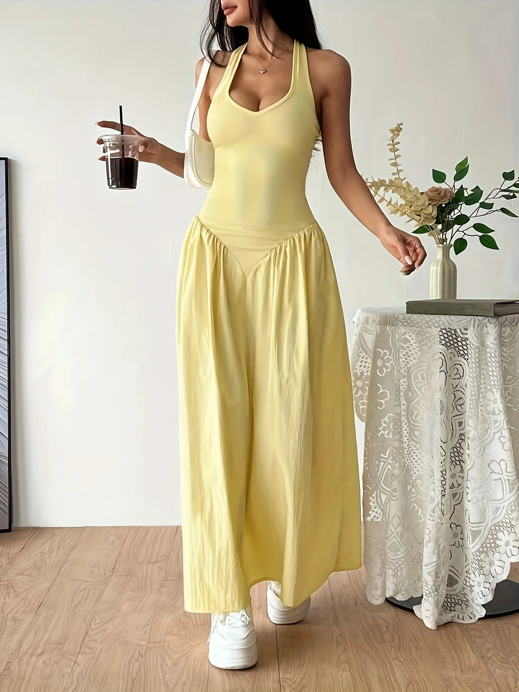 Yellow Halter Neck Maxi Dress Sleeveless Backless V Neck A Line