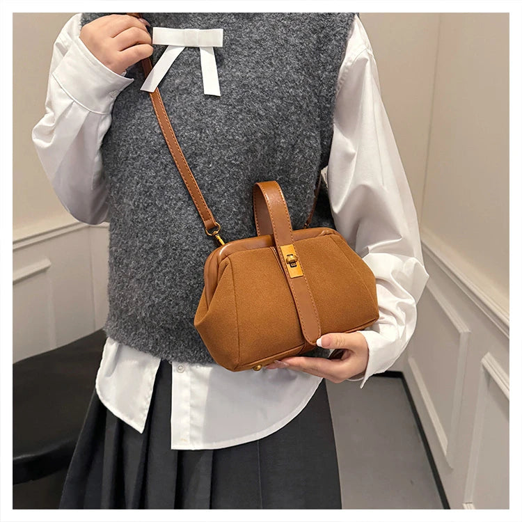 Luxe Faux Suede Frame Shoulder Bag With PU Accent Elegant Crossbody