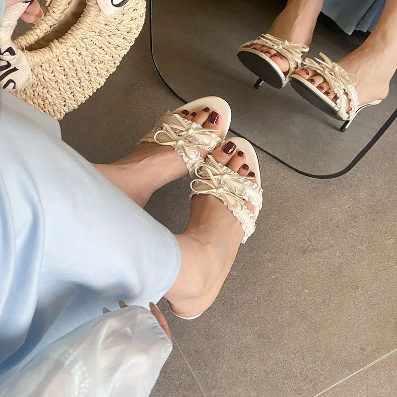 Butterfly Knot Heeled Slippers For Women Round Toe Slip On Sandals With Slim Heels