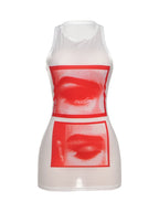 Lip Print Women Long Thin O-neck Sleeveless