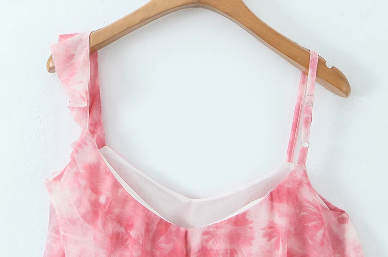 Vintage Print Asymmetrical Mesh Slim Backless Camisole