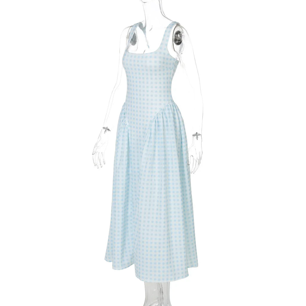 Gingham Square Neck A-Line Midi Dress With Pockets