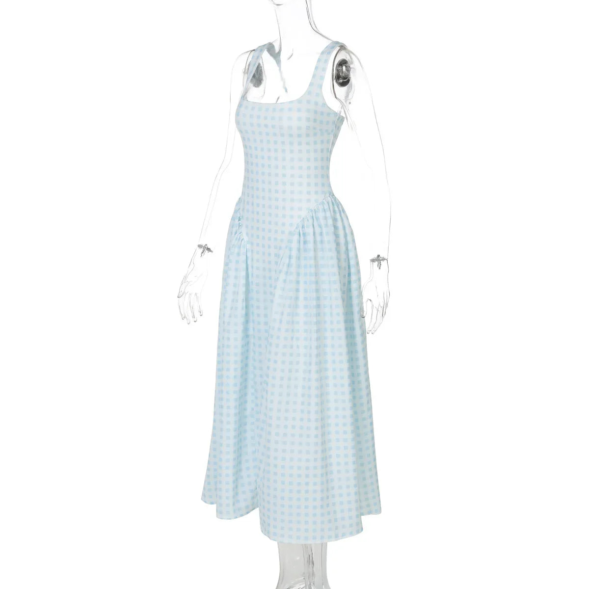 Gingham Square Neck A-Line Midi Dress With Pockets