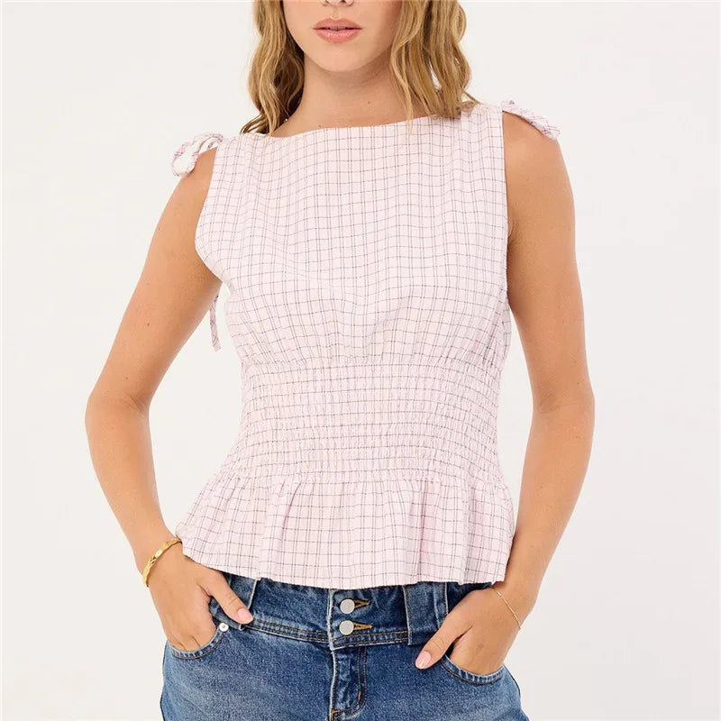 Gingham Tie Shoulder Tank Top With Shirred Ruffle Babydoll Silhouette Vintage Inspired