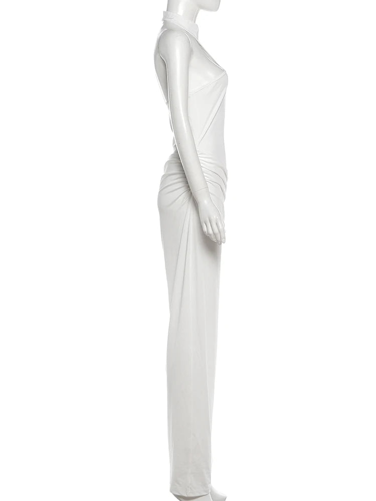 Hollow Backless Patchwork Elegant Evening Dress For Women Turtleneck Sleeveless Ankle Length Ruched Detailing