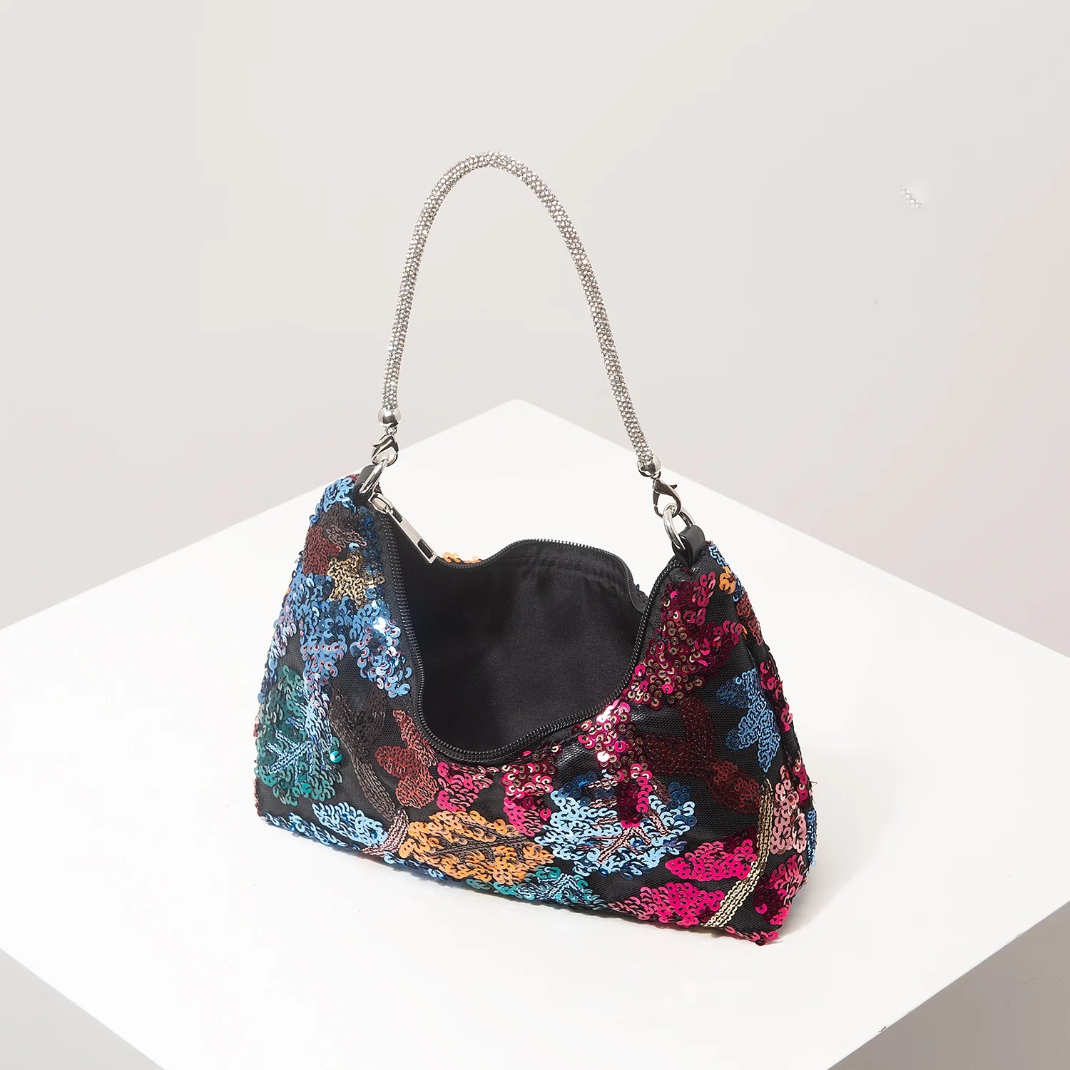 Floral Embroidered Sequin Shoulder Bag For Women Crescent Shape Evening Purse