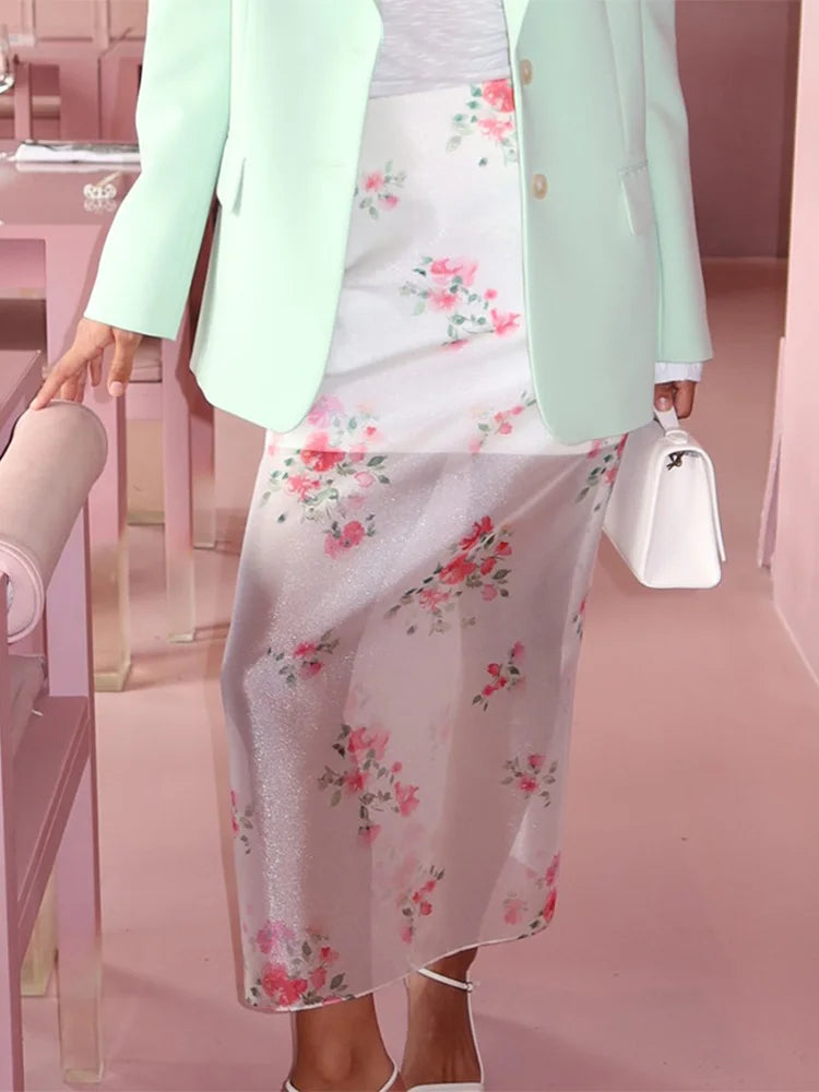 Airy Mesh Print Maxi Skirt With High Waist See Through Slit