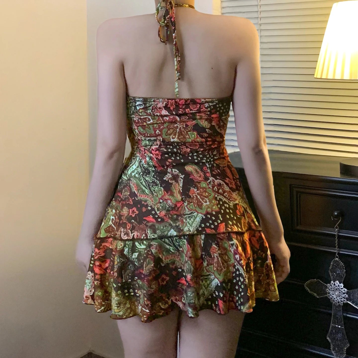 Romantic Print Halter Dress Backless Mini