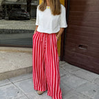 Relaxed Striped Pants For Women With Elastic Waist And Lace Up Detail Wide Leg Straight Trousers