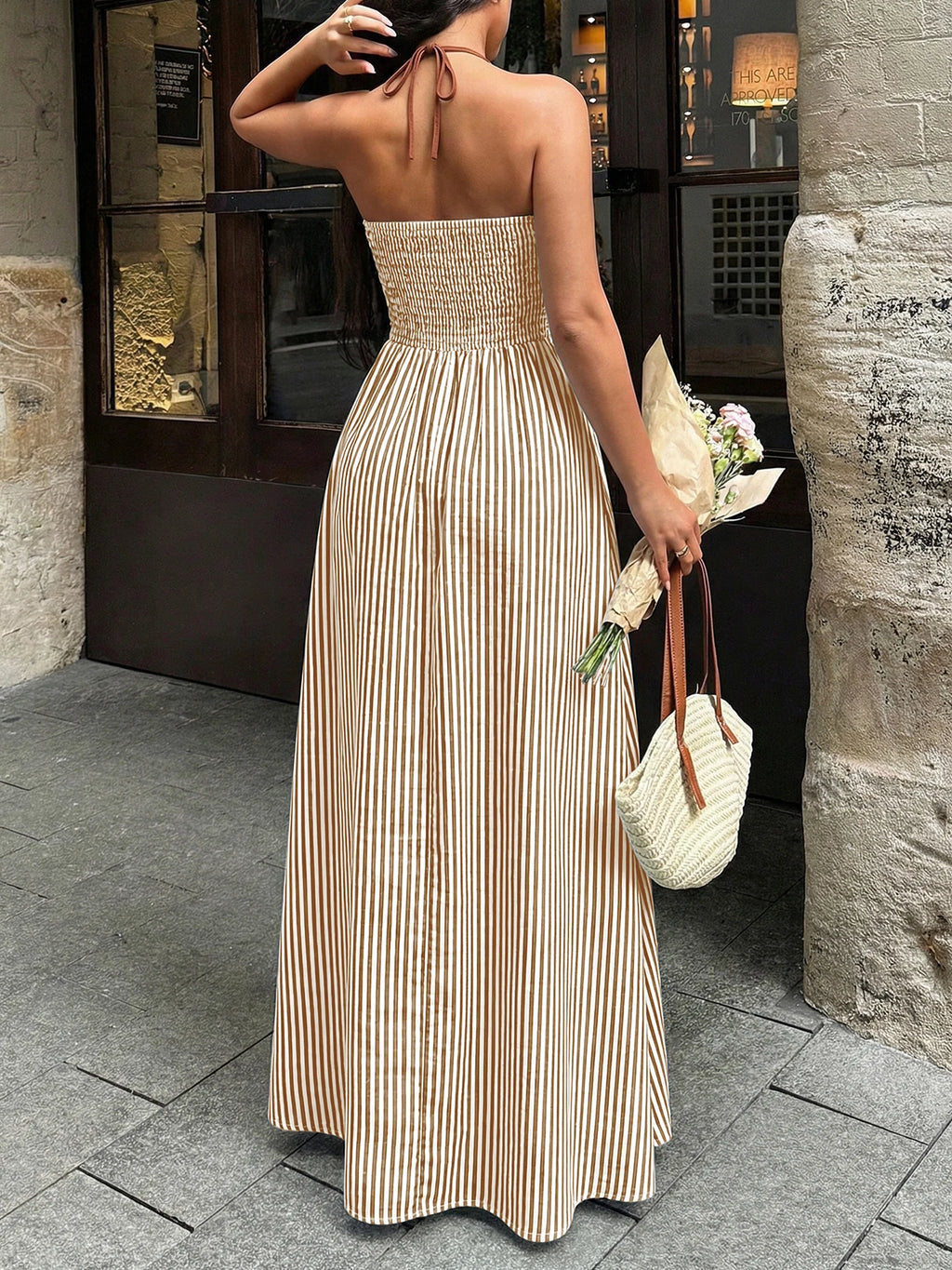 Sea Breeze Striped Deep V Beach Dress With Backless Sleeveless Maxi