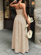 Sea Breeze Striped Deep V Beach Dress With Backless Sleeveless Maxi