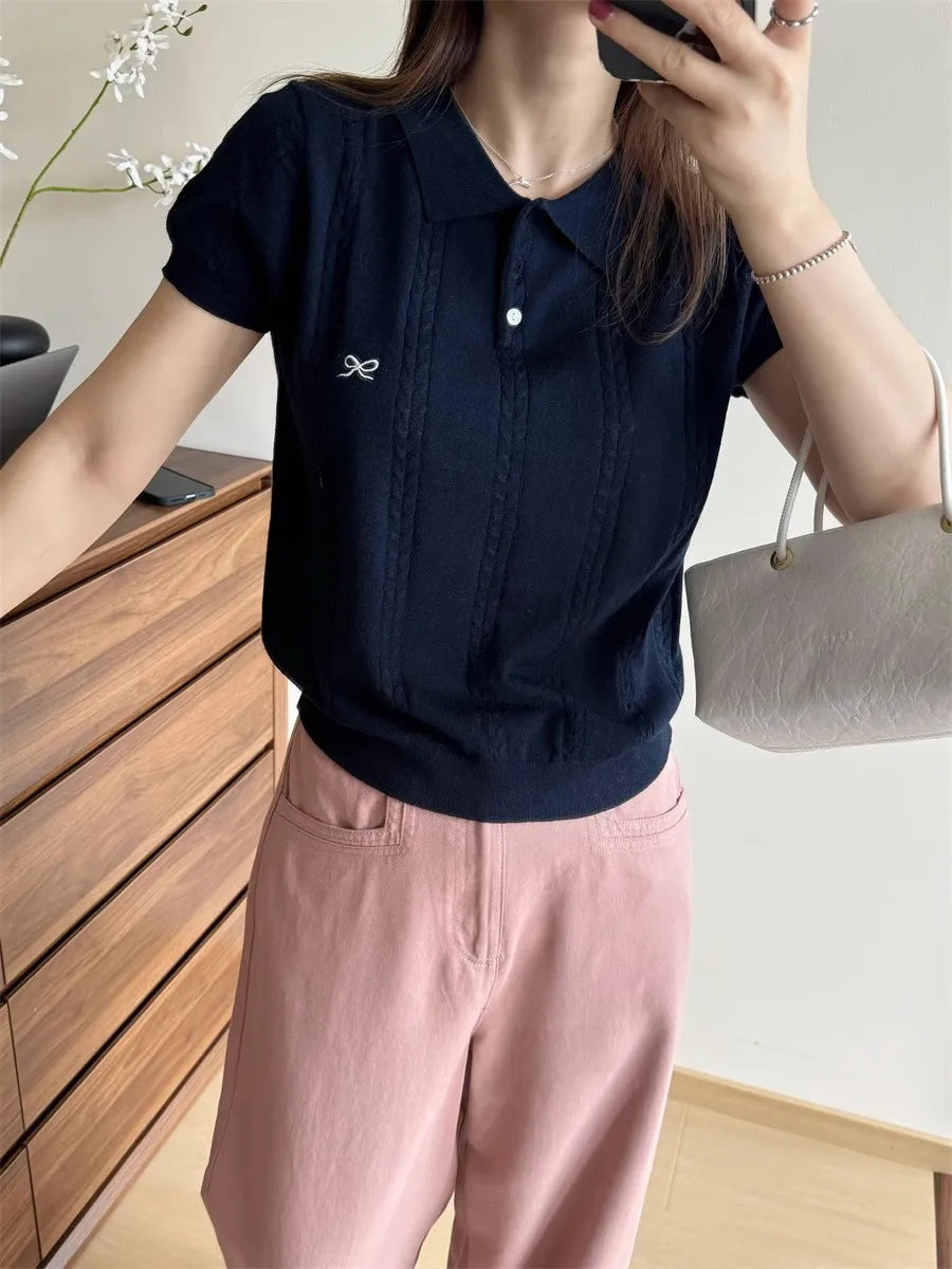 Sweet Bow Embroidered Knitted Polo Shirt For Women Short Sleeve