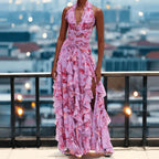 Elegant Patterned Dress With Lace Up Halter Neck Slim Long Silhouette And Ruffle Detail