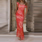 Elegant Floral Mesh Maxi Dress Sleeveless With Slash Collar