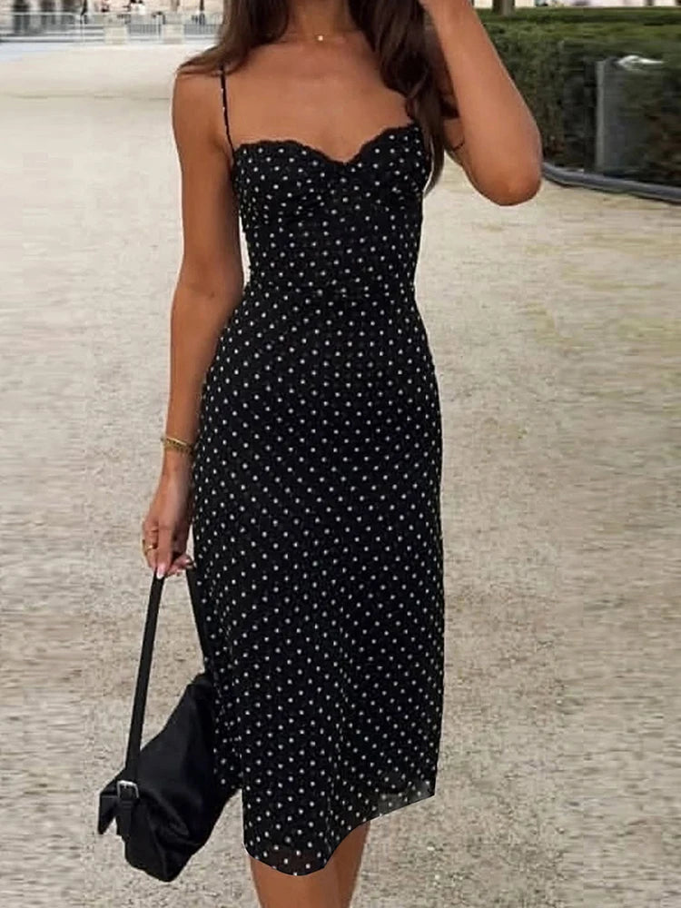 Polka Dot Sling Dress With Backless V Neck Sleek Sheath