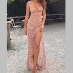 Flirty Florals Halter Maxi Dress With High Slit Backless Tie Neck And Scarf