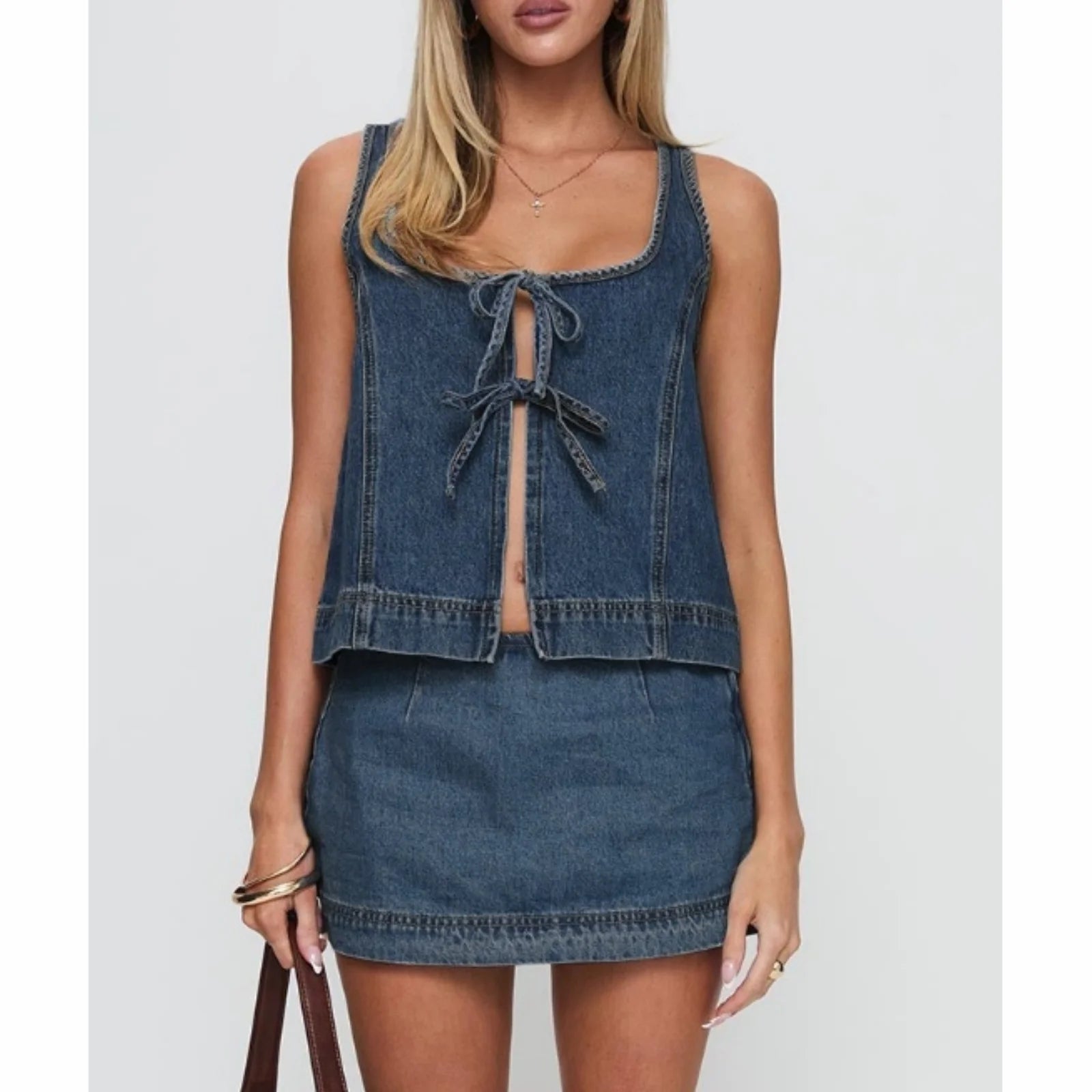 Denim Tie-Front Top And Mini Skirt Set With Square Neck