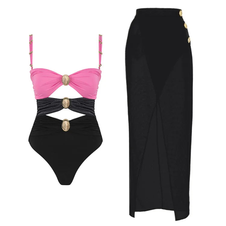 Off Shoulder Patchwork Belted One Piece Swimsuit With Cover Up for Beachside