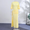Backless Party Maxi Dress With O Neck Slim Pleated Ribbon Detail