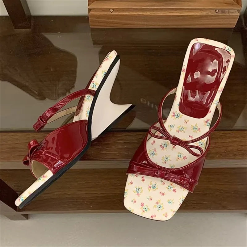 Chic Patent Leather Square Toe Heels With Bow Knot