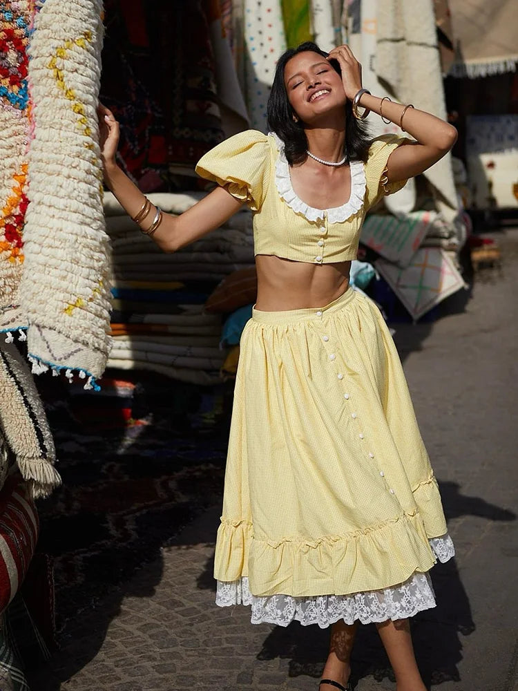 Yellow Gingham Lace Top And Skirt Set Vintage